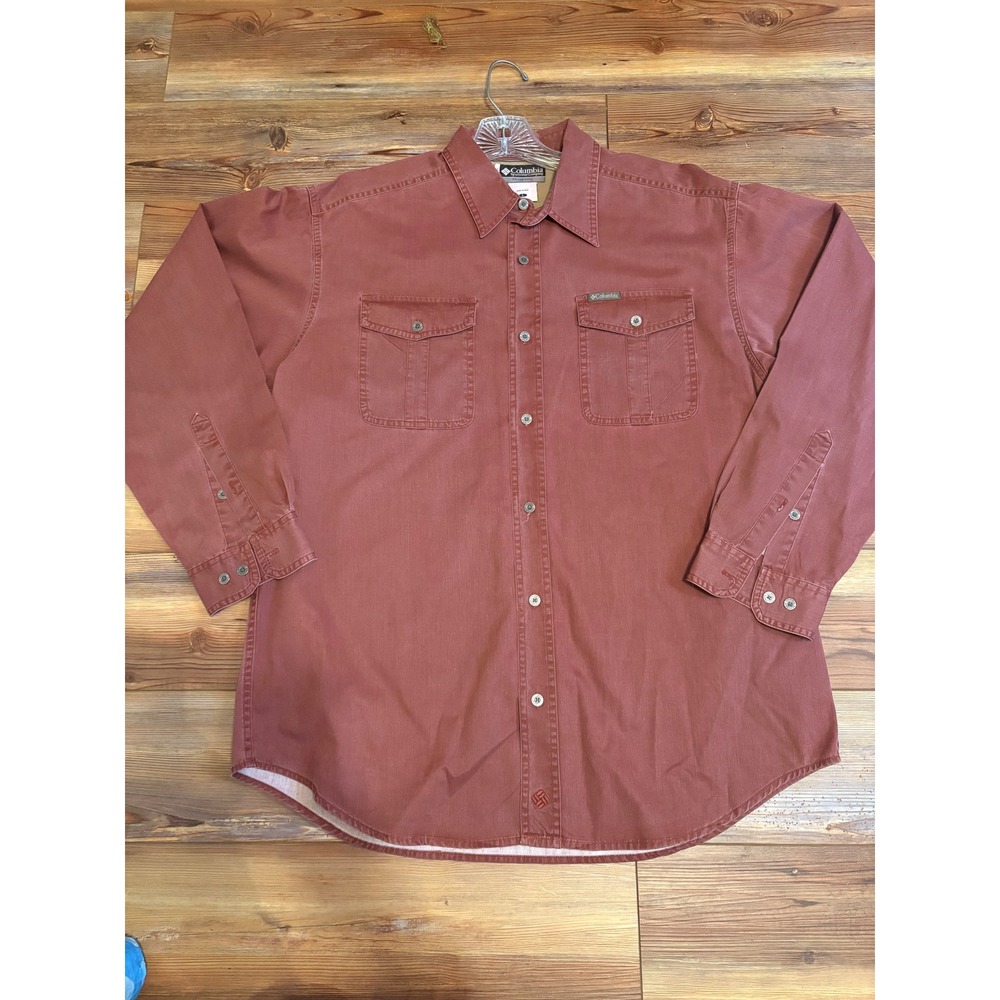 Columbia Mens L Long Sleeve Button Down Utility Shirt Clay Red Rust Earth Tone